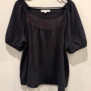 LOFT Black Women's Blouse with Smocked Square Knit Neckline